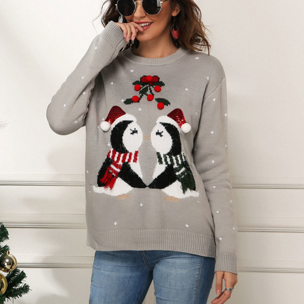 Winter Christmas Sweater Women Long Sleeve Penguin Printed Loose Pullovers Casual Warm Thick Knitted Tops Jumpers 210428