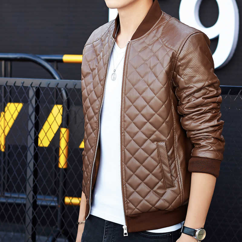 

Men's autumn and winter casual fashion quilted embroidered plaid baseball collar washed pu leather jacket 211018, Brown