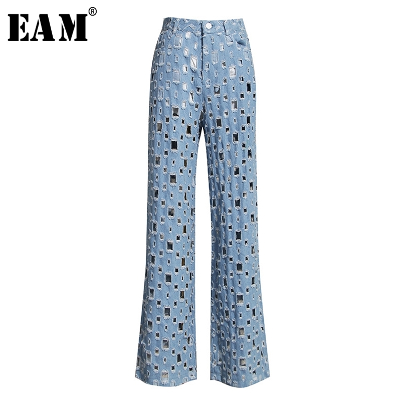 [EAM] Wide Leg Blue Denim Hollow Out Long Jeans High Waist Loose Women Trousers Fashion Spring Autumn 1K434 210922