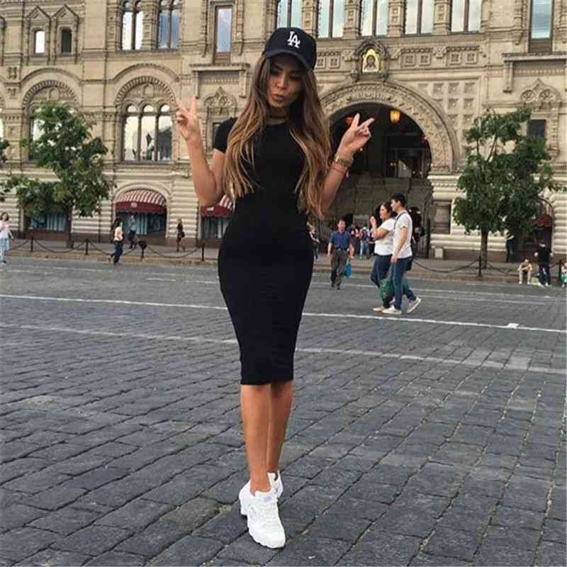 Womens Dress Vestido Summer Short Or Long Sleeve Slim Bodycon Tunic Round Neck Casual Pencil 210428