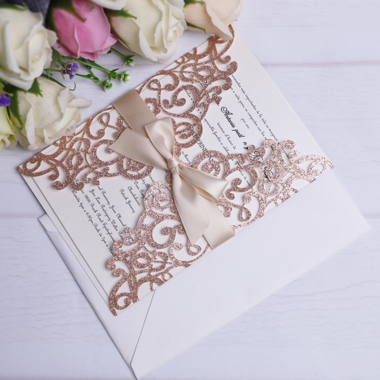 2021 New Rose Gold Glitter Laser Cut Invitations Cards With Beige Ribbons For Wedding Bridal Shower Engagement Birthday Graduation