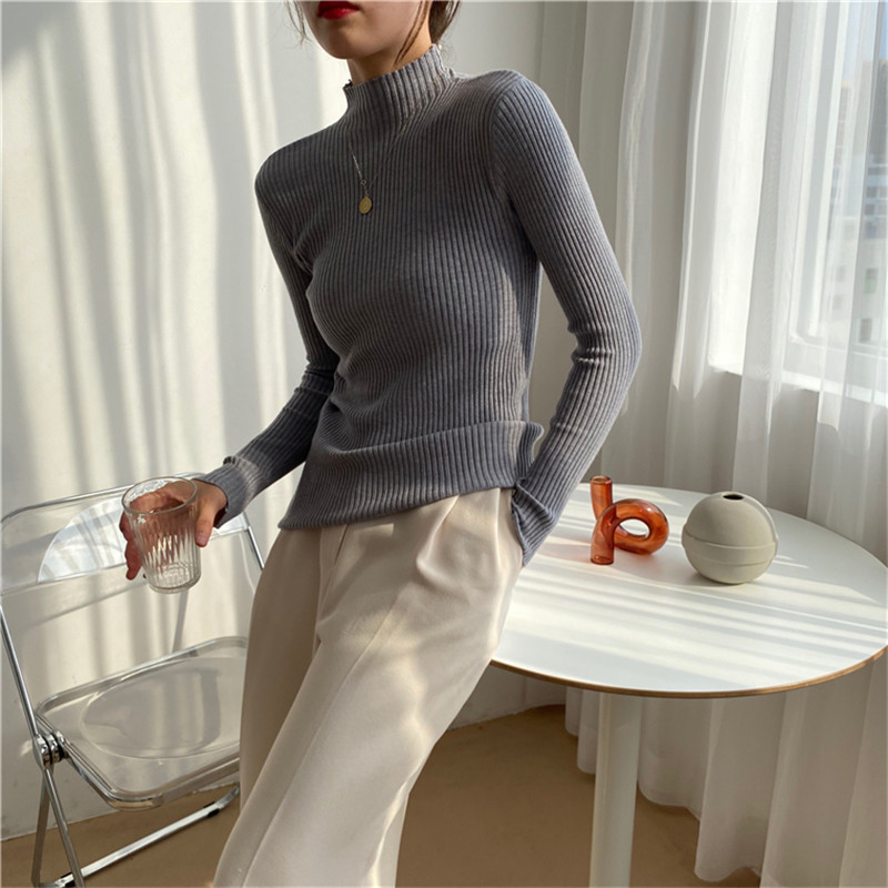 Knitted Pullovers Women Sweaters Autumn Spring OL Solid Turtleneck Sweater Winter Basic Bottoming Tops 12 Colors 210421