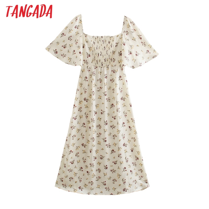 Summer Women Flowers Print Holiday Hollow Short Sleeve Ladies Midi Dress Vestidos 5Z92 210416