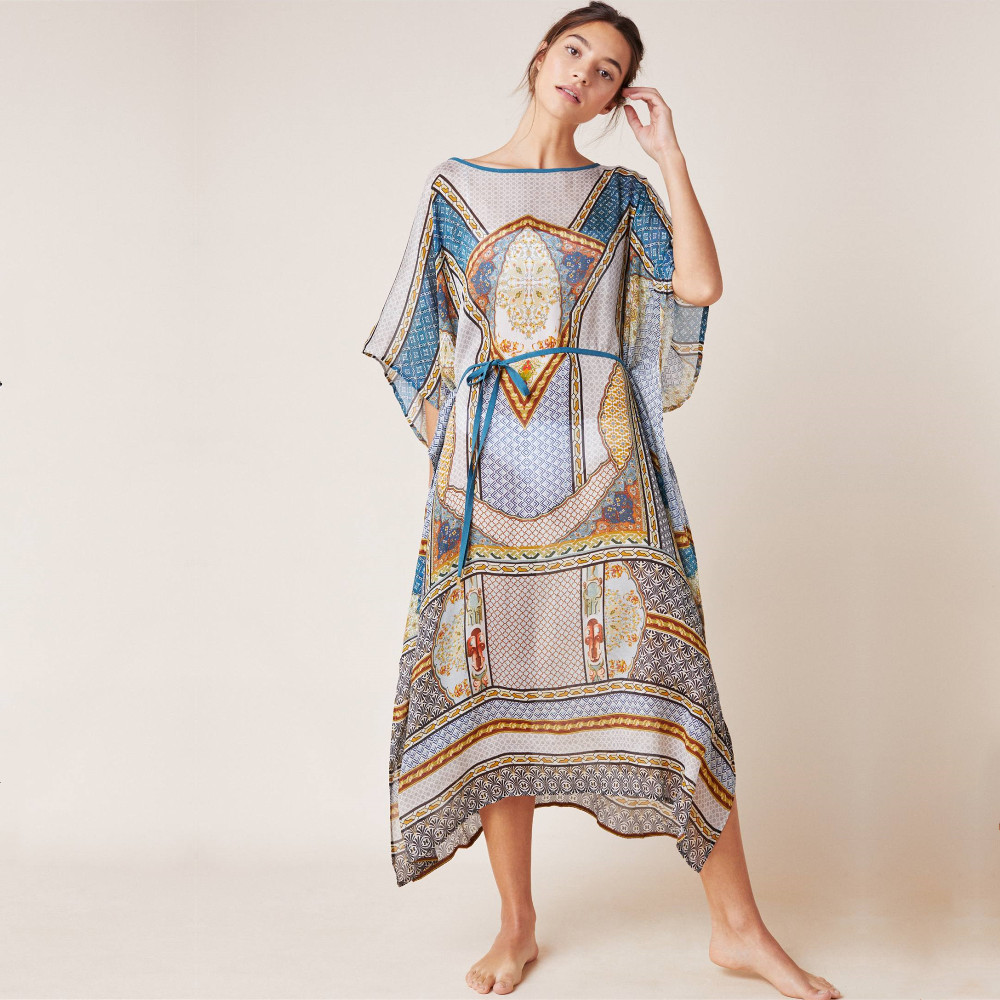Print Chiffon Beach Cover up Tunics for Long Kaftan Bikini Robe de Plage Sarong Swimsuit cover #Q874 210420