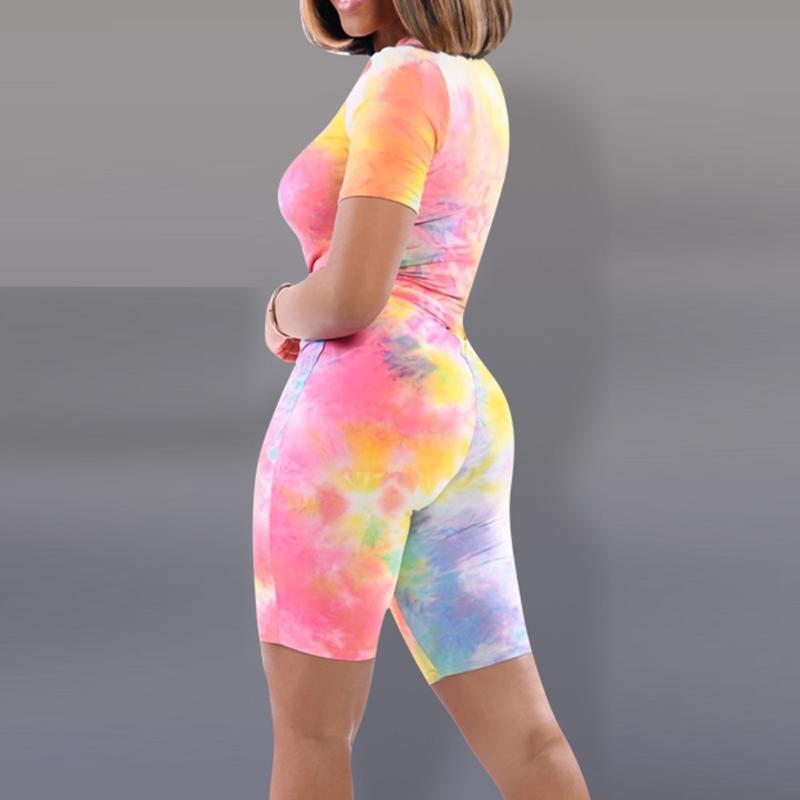 Women Summer Casual Two Pieces Set Outfit Short Sleeve Tie-dye Printed Stripes Clubwear Tracksuit Sportswear Women's Tracksuits