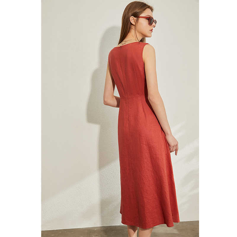 Minimalism Spring Summer Vintage Solid Sleeveless Women Dress Causal Lady High Waist Oneck Belt Female 12030124 210527