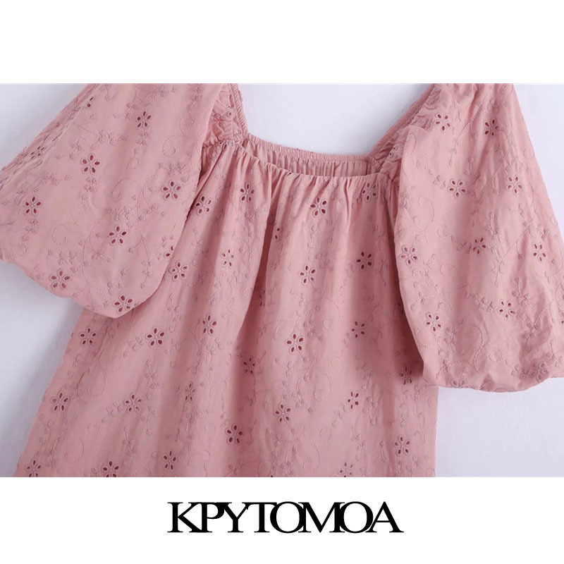 Women Chic Fashion Hollow Out Embroidery Ruffled Mini Dress Short Sleeve With Lining Female Dresses Mujer 210420