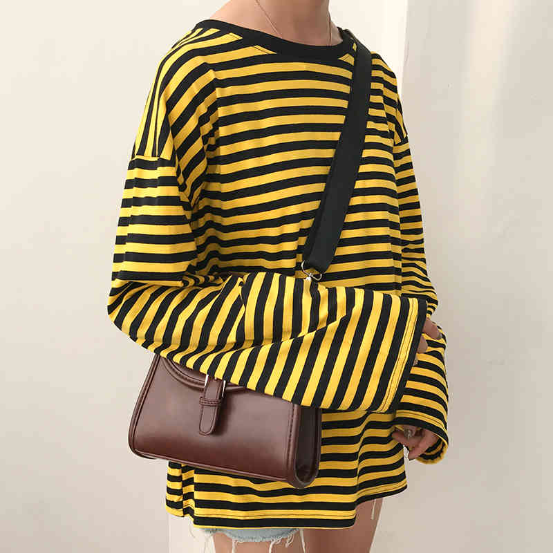 New Vintage Fashion Basic Loose Casual Striped All Match Simple Long Sleeve Female T-shirts 210406
