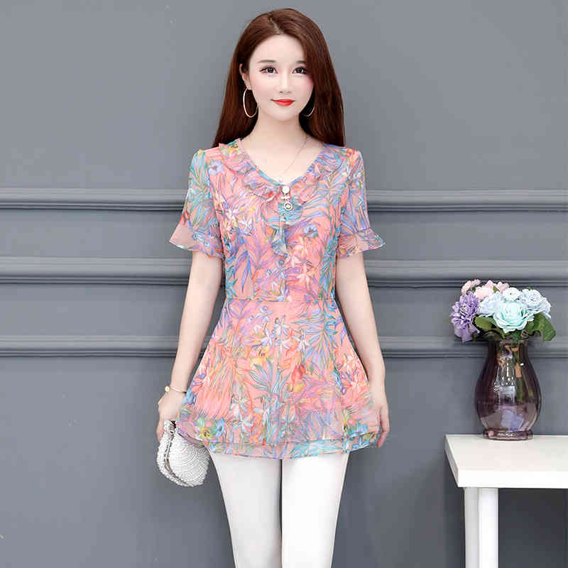 Blusas Feminina Chiffon Middle-aged Women Vetement Femme Shirt Shorts Sleeve Plus Size Print Blouse 928i 210420