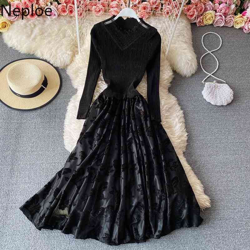 Neploe Maxi Dresses Women Temperament Slim Waist Ruffles Vestidos Stand Neck Big Swing Chic Velvet Elegant Robe Dress 4G996 210422