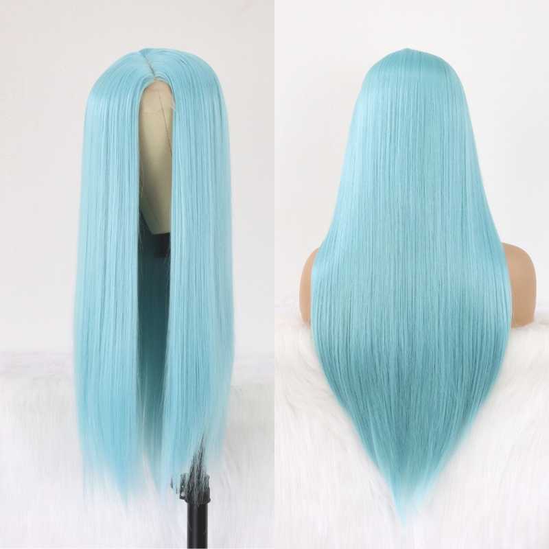 Synthetic Wigs Light Blue Lace Front Long Straight Hair 22 Inch For Fahison Women With Natural Hairline
