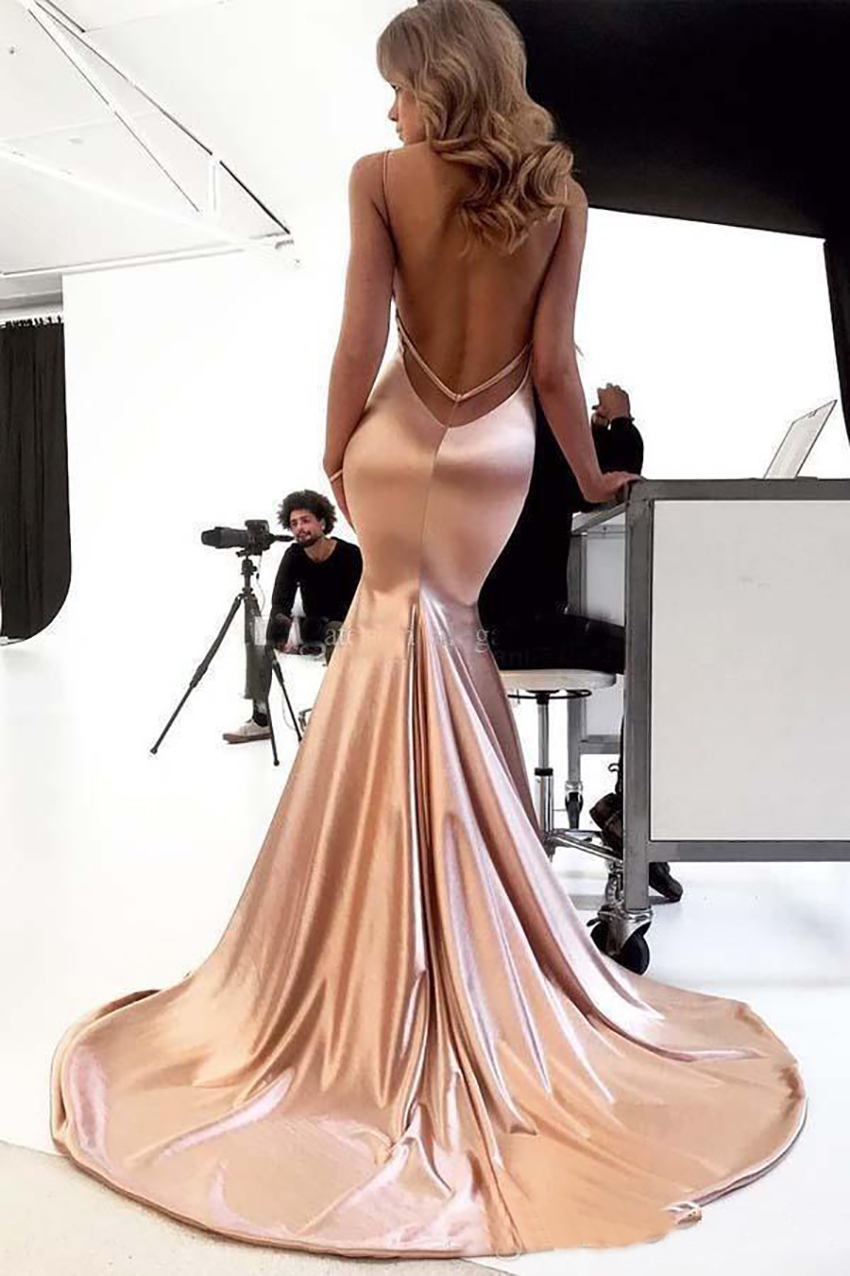 Sexy Prom Evening Dress 2021 Spaghetti Backless Sweep Train Simple Stain Mermaid Occasion Red Carpet Party Gown