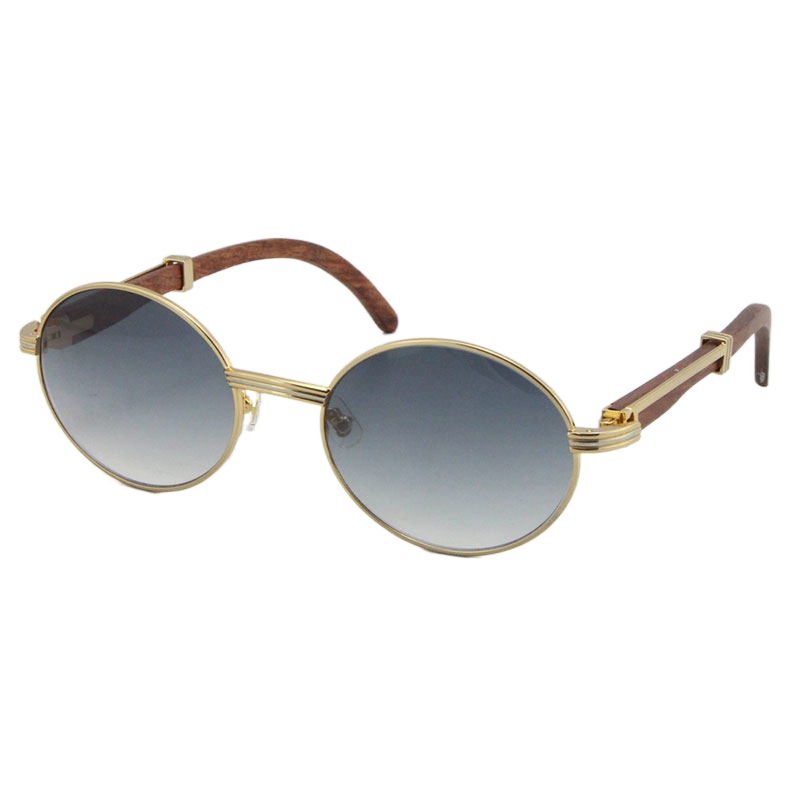 Wholesale Gold Vintage Wood Sunglasses Fashion Metal frames real Wooden For men 7550178 oval Size57 or 55 high quality lenses Dia Cat Glasses