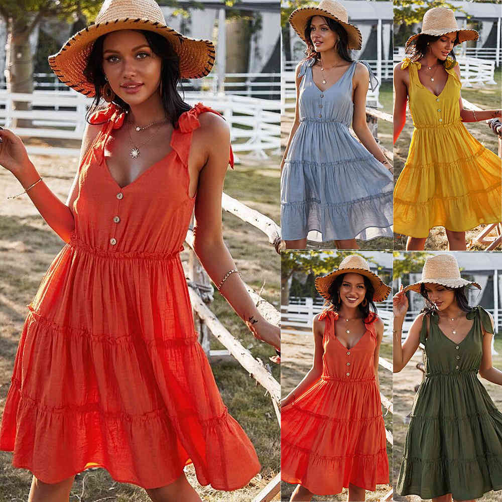 Women Dress Sleeveless V-Neck Sexy Dresses Plus Size Black Yellow Short Summer Fashion 210513