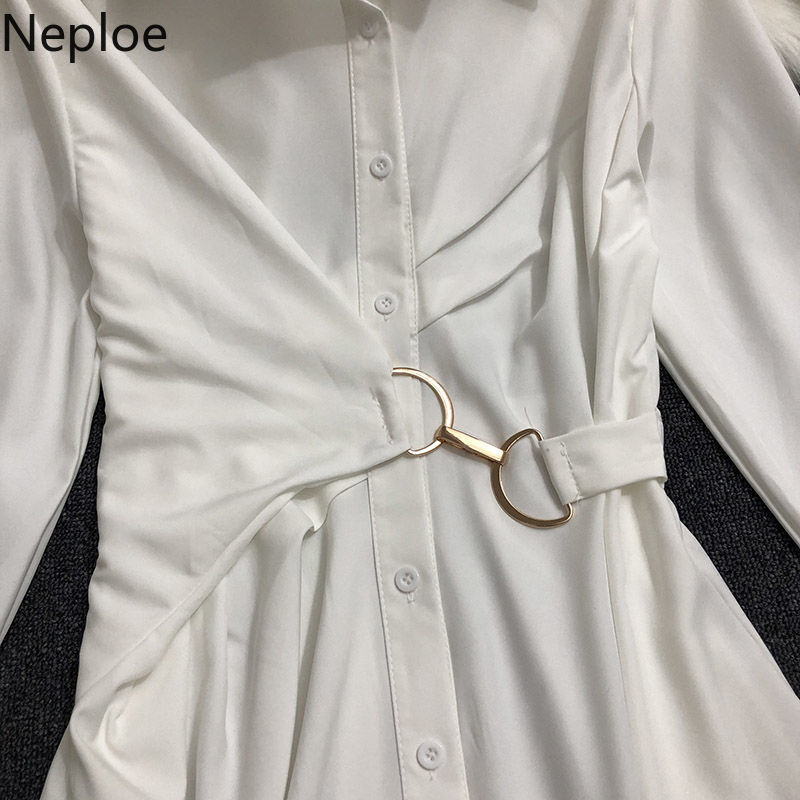Neploe Chic Turn Down Collar Elegant Shirt Dress Women Spring Fashion Temperament Irregular Mini Dresses Slim Waist Vestidos 210422