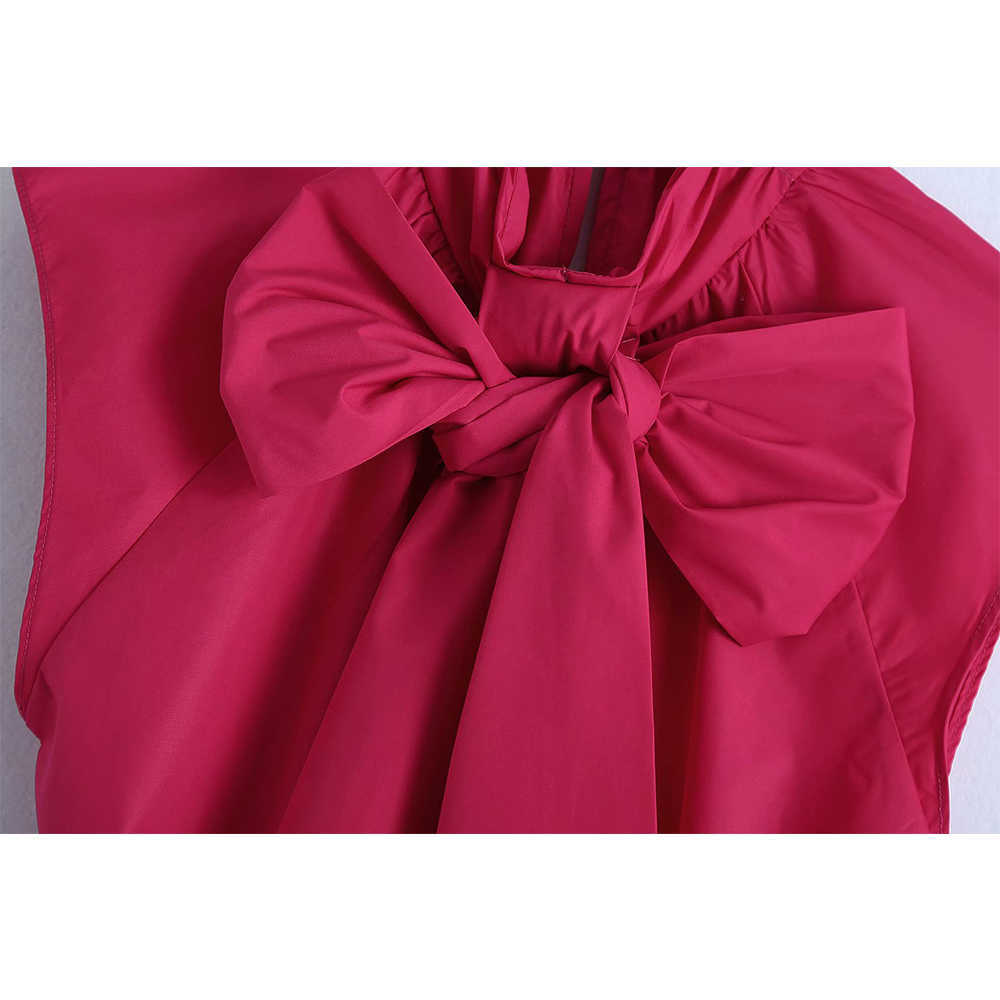 Women Summer Poplin Top with Bow Smocked Elastic Ruffled Hem Casual Fashion Sleeveless Woman Top 210709