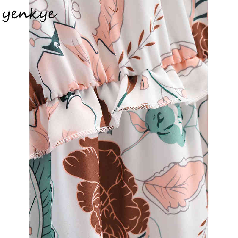Holiday Casual Dress Women V Neck Short Sleeve Floral Print Elegant Female A-line Midi Summer Prairie Chic Vestido 210430