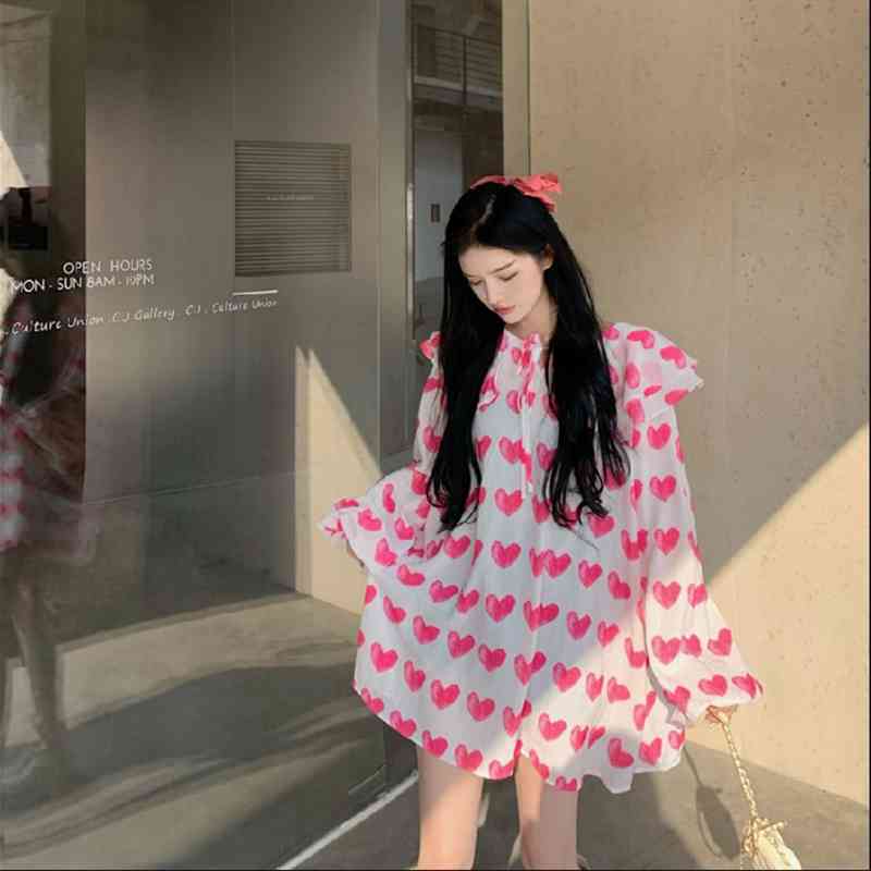 Nomikuma Korean Love Heart Printed Chiffon Blouse Shirt Causal Lantern Sleeve Peter Pan Collar Oversized Women Top Blusas 6F182 210427