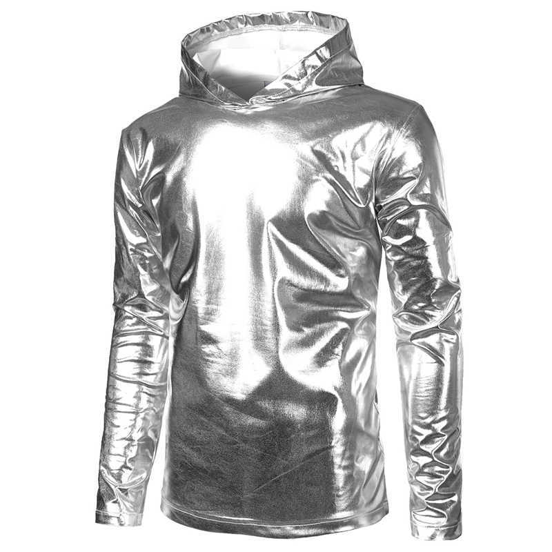 Shiny Gold Coated Metallic Thin Hoodie Sweatshirt Fashion Nightclub Wear Hoodies Sweatshirts Men Women Hip Hop Hoody Tops 210813