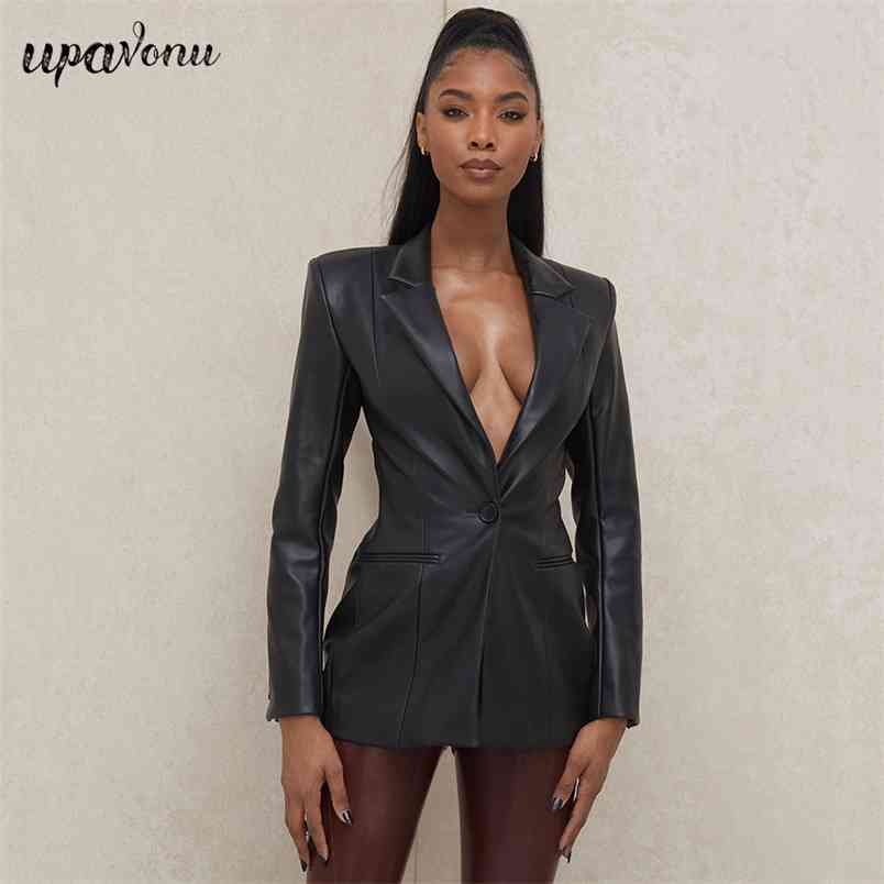 Free High Street Women's PU Faux Leather Blazer Sexy Notch Lapel Long Sleeve Single Button Slim Halter 210524
