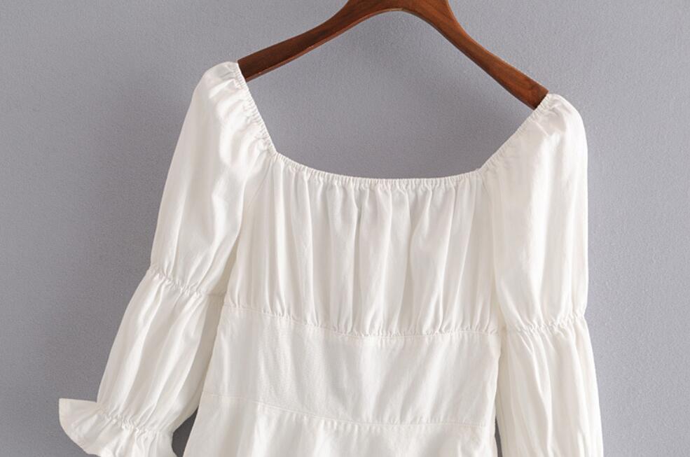 Cotton Elastic Square Collar Long Sheep Leg Sleeve Dress French Elegant Women Slim fit Swing A line White Dresses Vestido 210429