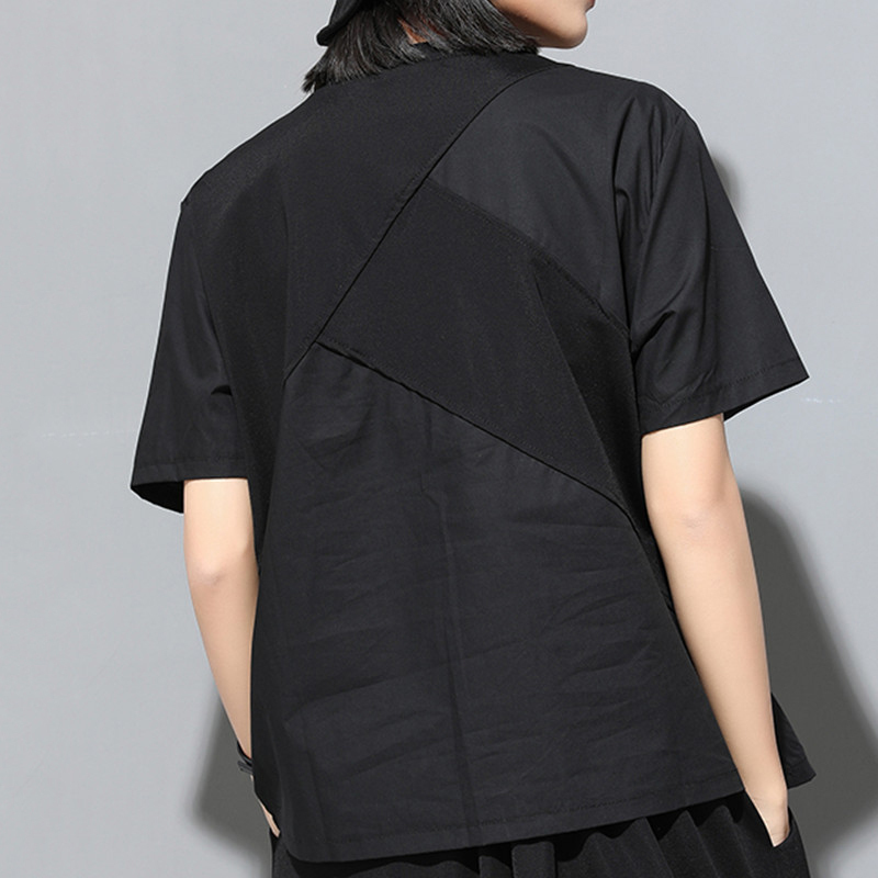 EAM Spring Summer Round Neck Short Sleeve Black Hollow Out Split Joint Big Size Tshirt Women Fashion JW045 210406