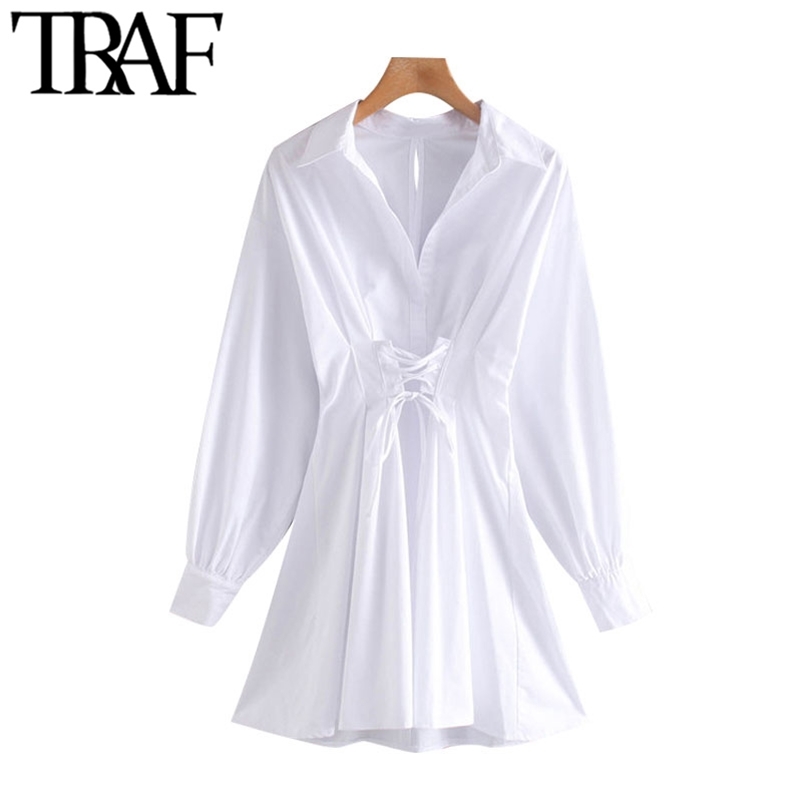 TRAF Women Chic Fashion With Drawstring Tied Pleated Mini Dress Vintage Long Sleeve Back Zipper Female Dresses Mujer 210409