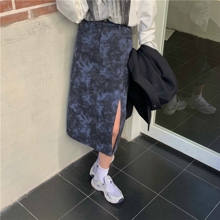Nomikuma Korean Tie Dye Women Skirt Causal Hitgh Waist Split A-line Skirts Autumn Winter New Fashion Causal Faldas Mujer 6D700 210427