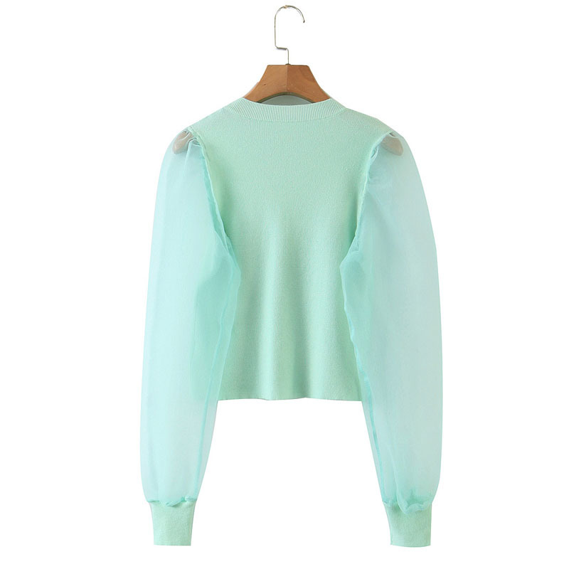 Harajuku Round Neck Pullover Green Mesh Gauze Lantern Sleeve Chic Women's Sweater Sweet Knitting Female Sweater 210507