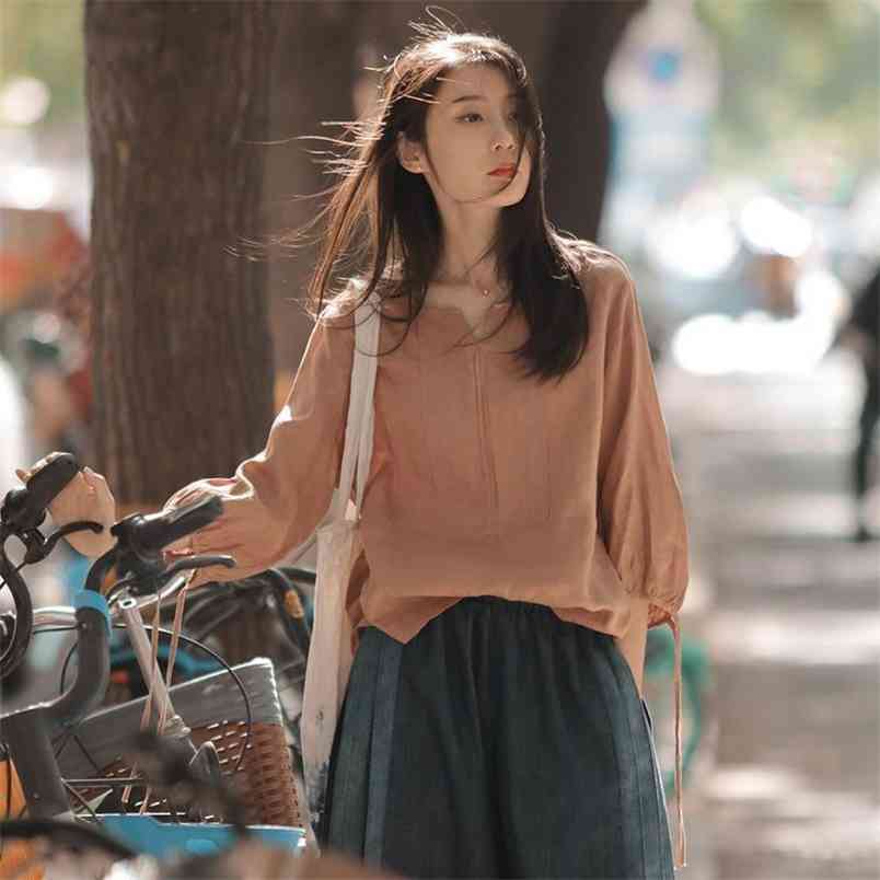 Spring Summer Women 3/4 Sleeve Loose V-neck Shirt 100% Linen Solid Casual Blouses Femme Purple Tops High Quality M249 210512