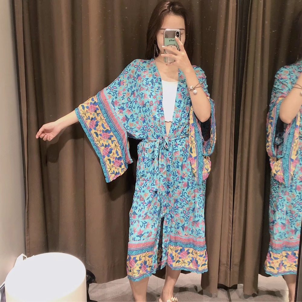 BOHO Location Floral Print Long Kimono Shirt Green Hippie Women Tie Bow Sashes Cardigan Loose Blouse Tops Holiday 210429