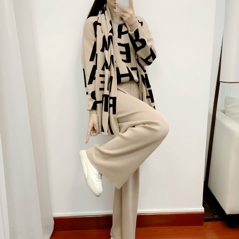Women Knited Letter Sweater + Pants Cape Long Scarf 3PCS Suits Knit Pullovers Cappa Wraps Wide Leg Trousers Sets 210506