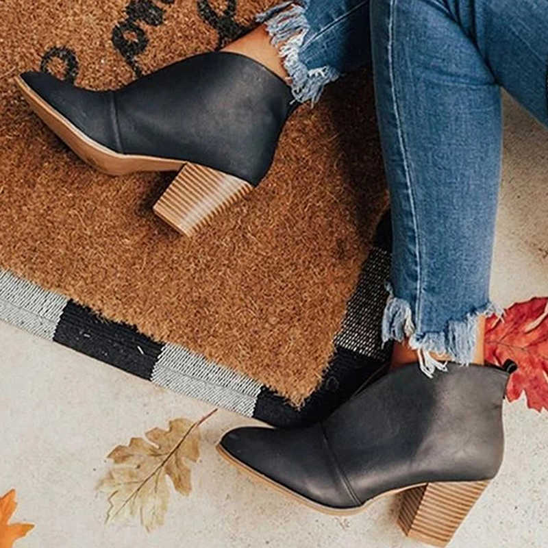 Winter Women Boots V Cutout Ankle Boots Stacked Heel Booties Fahsion Chelsea Boots PU Botas Zapatos Mujer SIze 35-43 210911