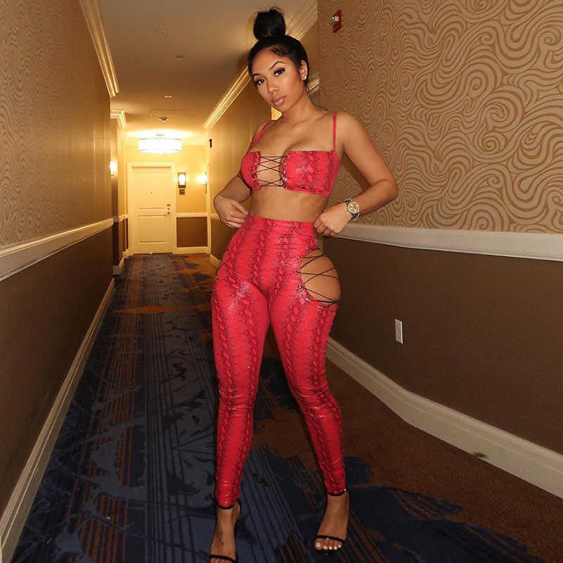 Colysmo Print Two Piece Pants Set Backless Square Neck Vest Cut out Bodycon Lace up Matching Sets Women Sexy Club Outfits 210527