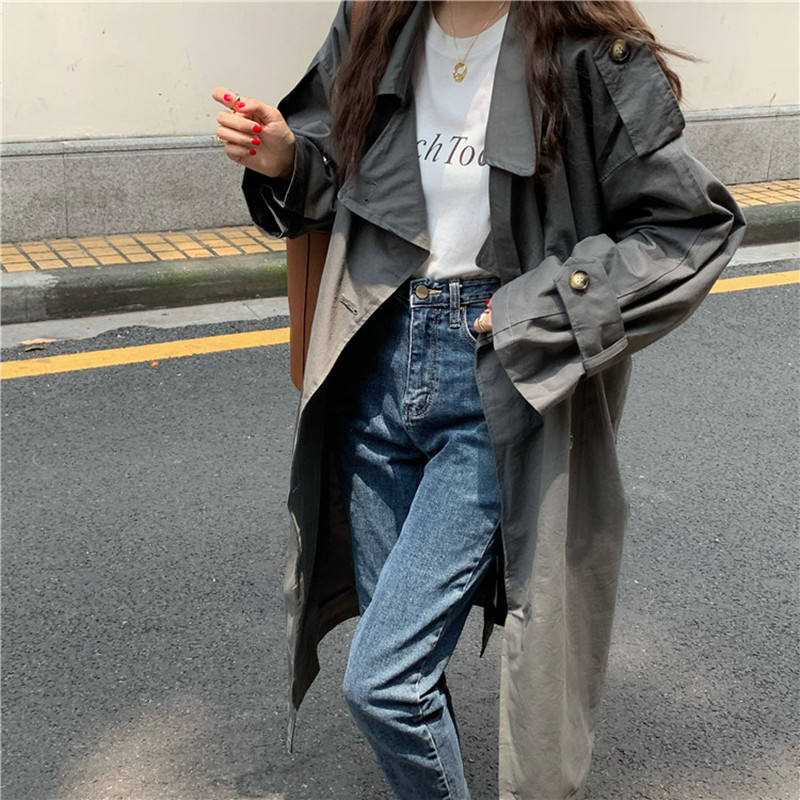 Minimalist Double-breasted Long Trench Coat Elegant OL Overcoat Autumn Solid Work Sleeve Lapel Windbreaker 210421