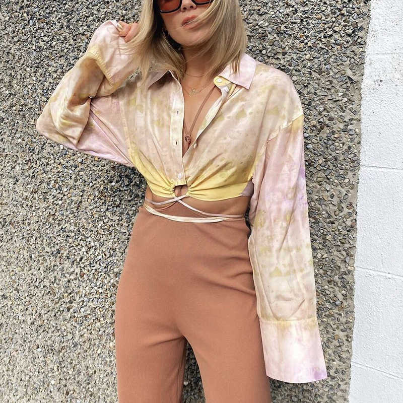 Vintage Women Tie-Dye Floral Blouses Summer Beach Fashion Ladies Loose Satin Tops Party Female Chic 210527