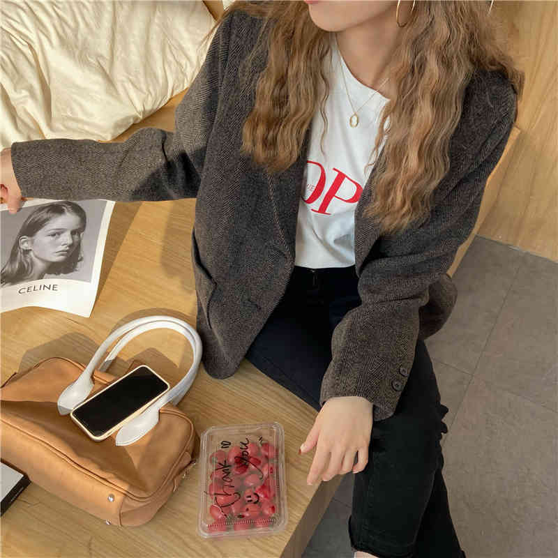 Grey Woolen Outwear Retro Blazers All Match Women Gentle Streetwear Jackets Female Chic Korean Vintage Coats 210421