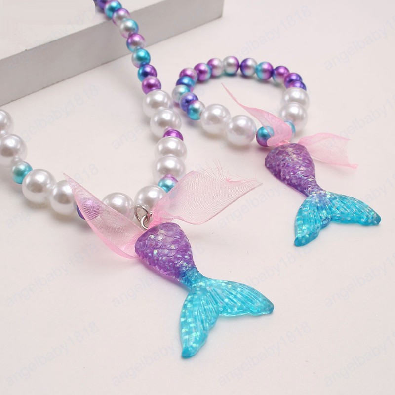 Charming Baby Girls Purple Mermaid Tail Pendant Necklace Bracelets Fashion Pearls Beaded Bangles For Kids Party Gift