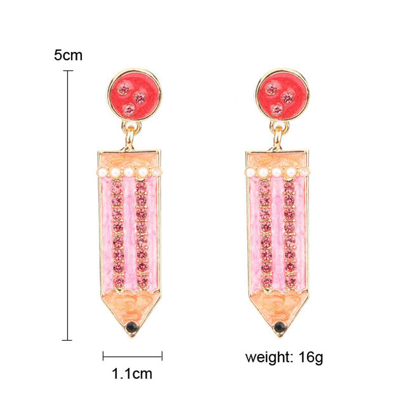 Fashion Back to school season Pencil Dangle Earrings Women Girls 6 Colors Sweet Korean Style Rhinestone Earring Gift for Teacher Students