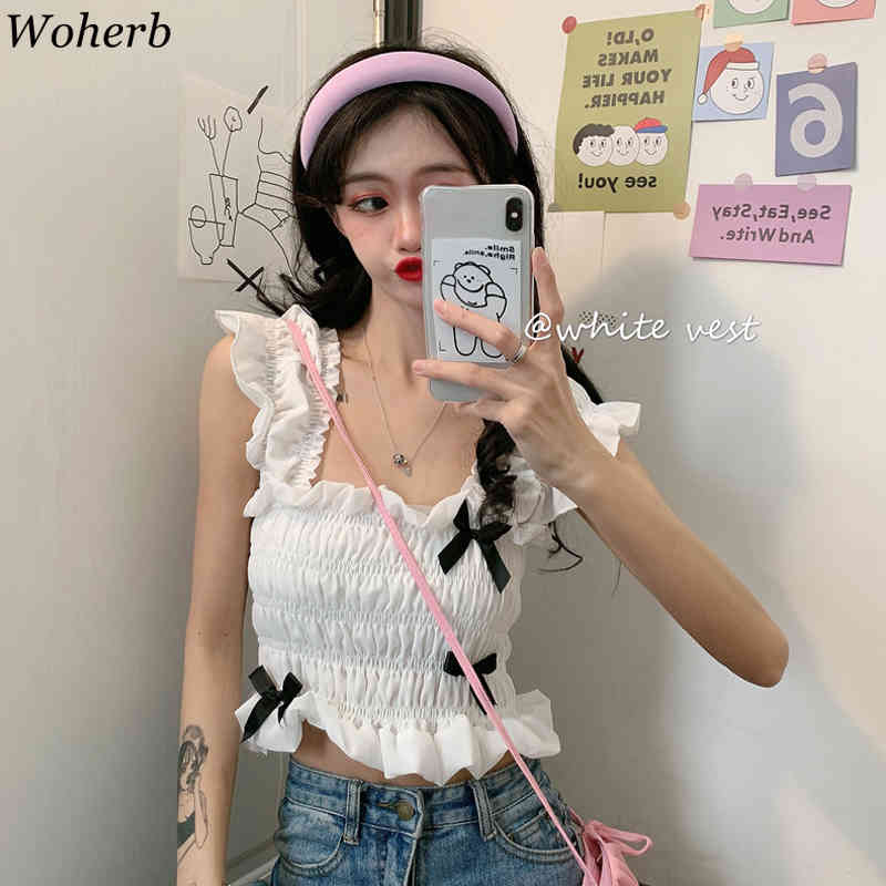 Summer Tops Solid Square Neck Short Fashion Blusas Mujer Tank Top Sweet Bow Patch Vinatge Girls Blouses Women 210519