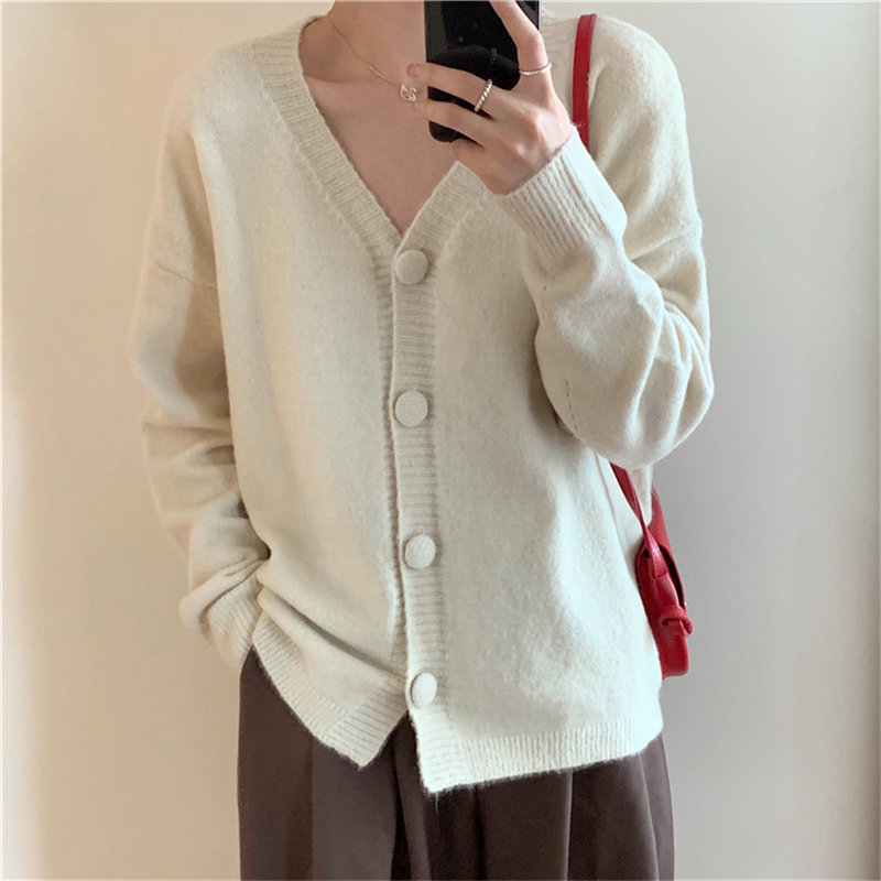 Selling Casual Solid Students Cardigans Fashion All-Match Knitted Office Lady Feminine Chic Loose V-Neck Sweaters 210421