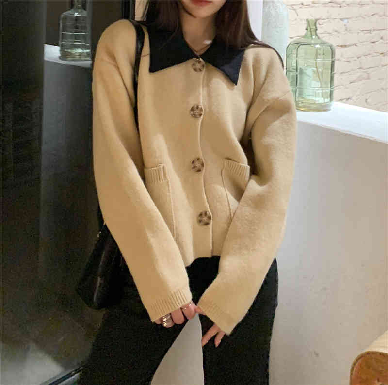 autumn and winter korean style french turn down collar knittd cardigans womens vintage sweaters cardigans womens (C9889) 210423