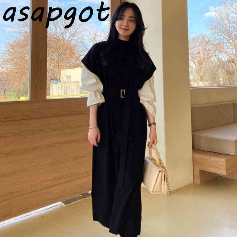 Autumn Chic Solid Loose Flare Sleeve Blouse Tops Half Turtleneck Short Knitted Dress Women Bandage Lace Up Waist Casual 210429