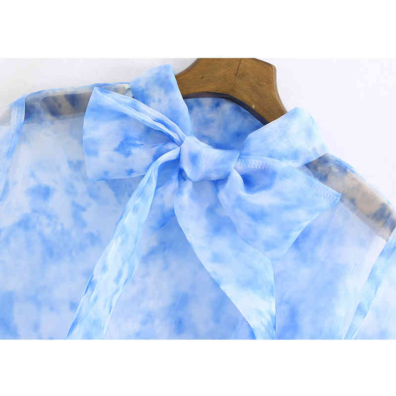Transparent Voile Printed Bow Tie Blouses Women Fashion Print Tops Elegant Ladies Long Sleeve Shirts 210520