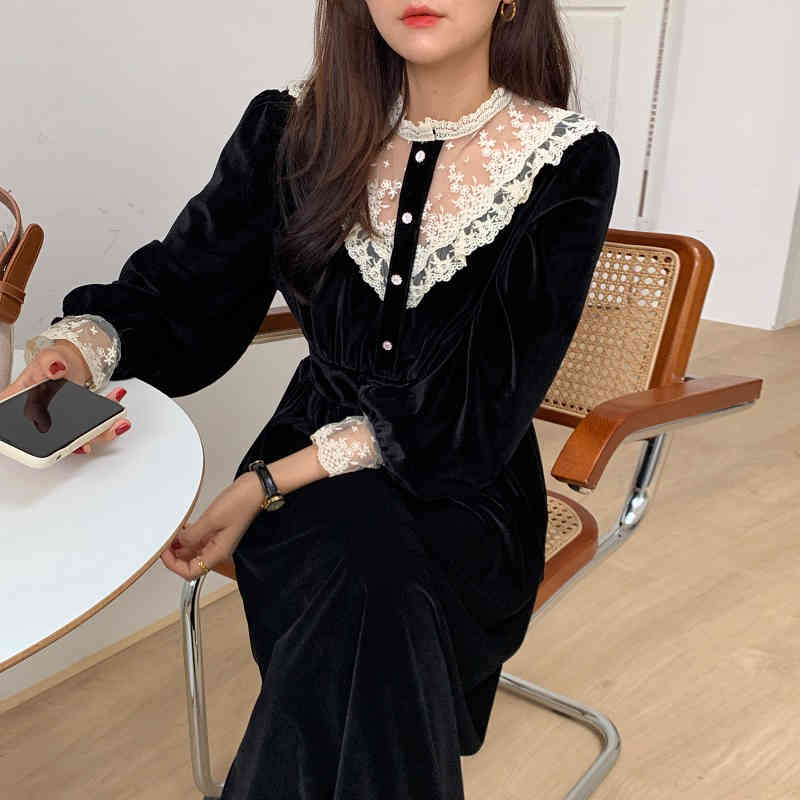 Spring Sweet Lace Stand Collar Single-Breasted Velvet Dress Elastic Waist Black Women's Clothing 210520