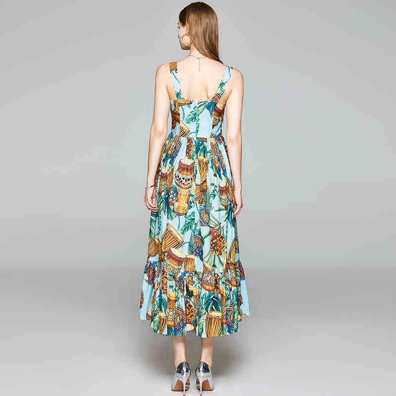 Fashion Runway Summer Beach Holiday Spaghetti Strap Long Dresses Women's Vintage Pattern Print Ruffles Dress 210506