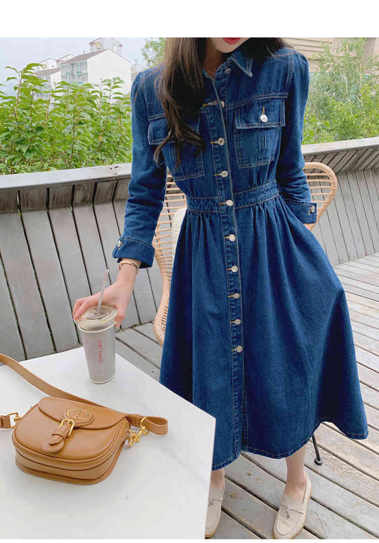 Spring Autumn Fashion Vintage Denim Lapel Collar Single-Breasted High Elastic Waist Casual Long Dress Female Vestidos 210519
