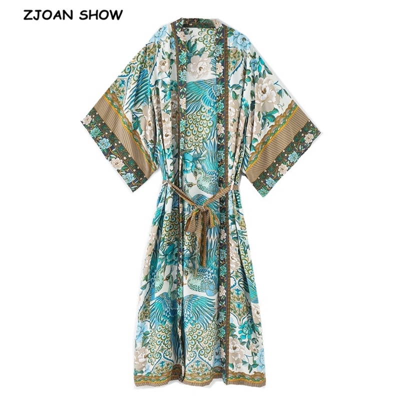Bohemian V neck Peacock Flower Print Long Kimono Shirt Ethnic Lacing up With Sashes BOHO Cardigan Tie Bow Blouse Tops 210429