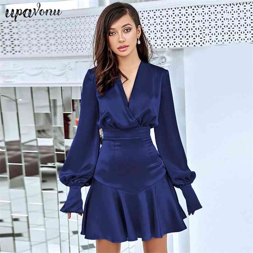 Free Women's Satin Dress Sexy V-neck Lantern Sleeve Ruffle A-line Mini Club Evening Party Vestidos 210524