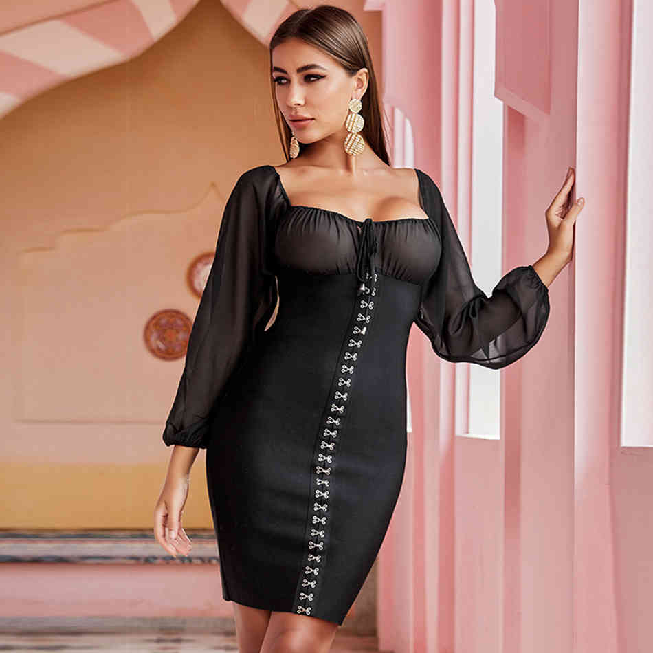 Autumn Long Sleeve Bodycon Bandage Dress Women Sexy Mesh Strapless Black Celebrity Runway Party Club Vestidos 210423